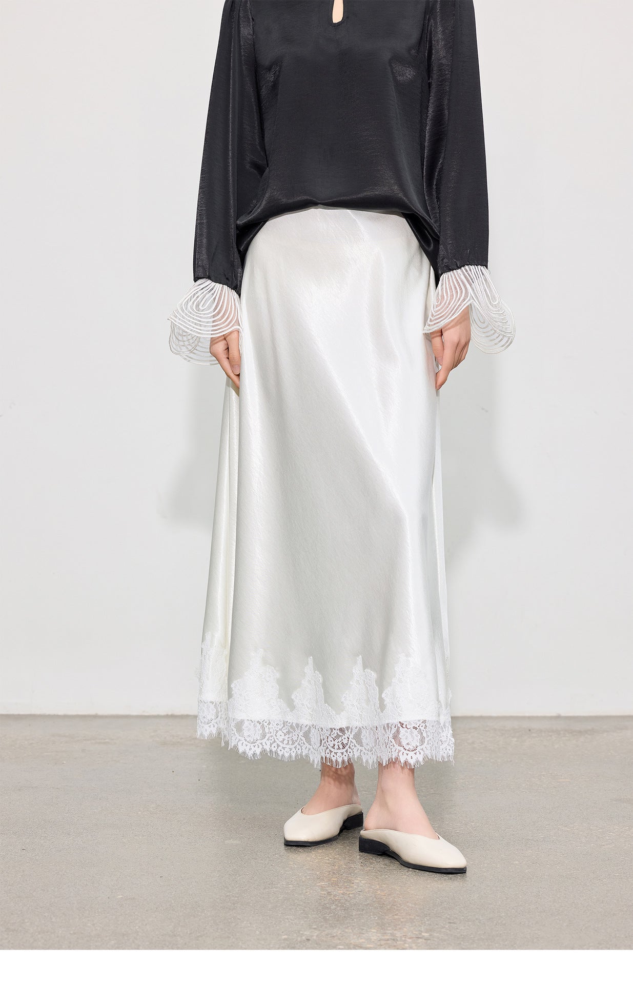 Elegant High-Waist Satin Lace Patchwork Skirt