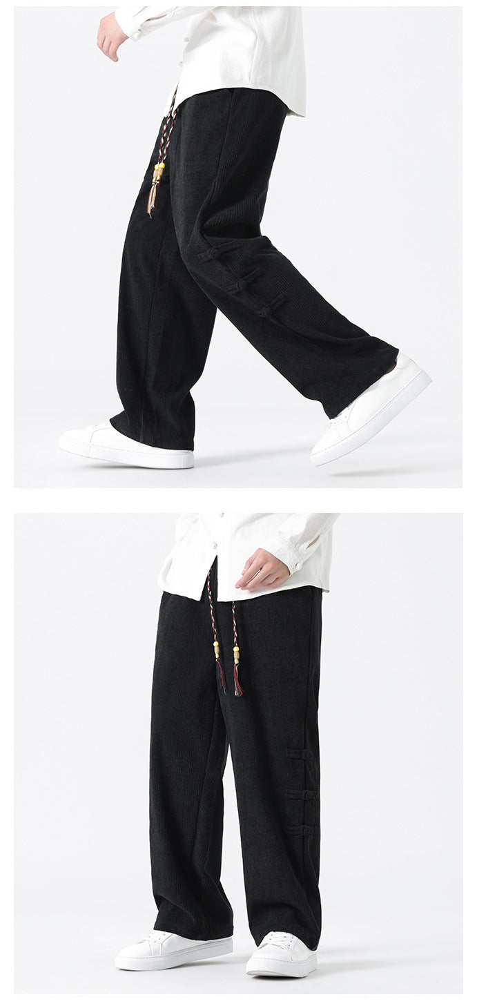 Chinese Style Mens Button Corduroy Pants Large Size Casual Sweatpants