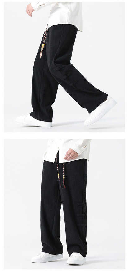 Chinese Style Mens Button Corduroy Pants Large Size Casual Sweatpants