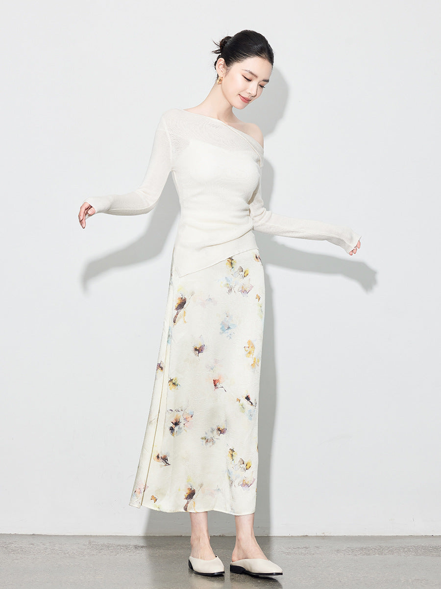 Chic Printed Midi Skirt, Side Slit Design for Women