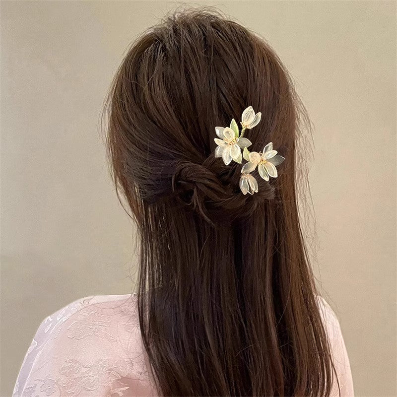 U Hairpin Glass White Magnolia Chinese Style Forest Fairy Cheongsam Accessory