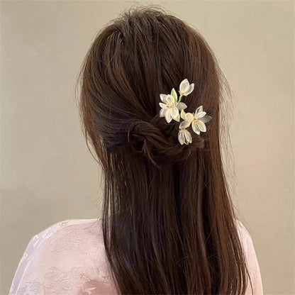 U Hairpin Glass White Magnolia Chinese Style Forest Fairy Cheongsam Accessory