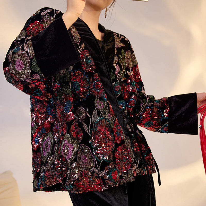 High-End New Chinese Style Embroidered Sequin Coat | Elegant National Top