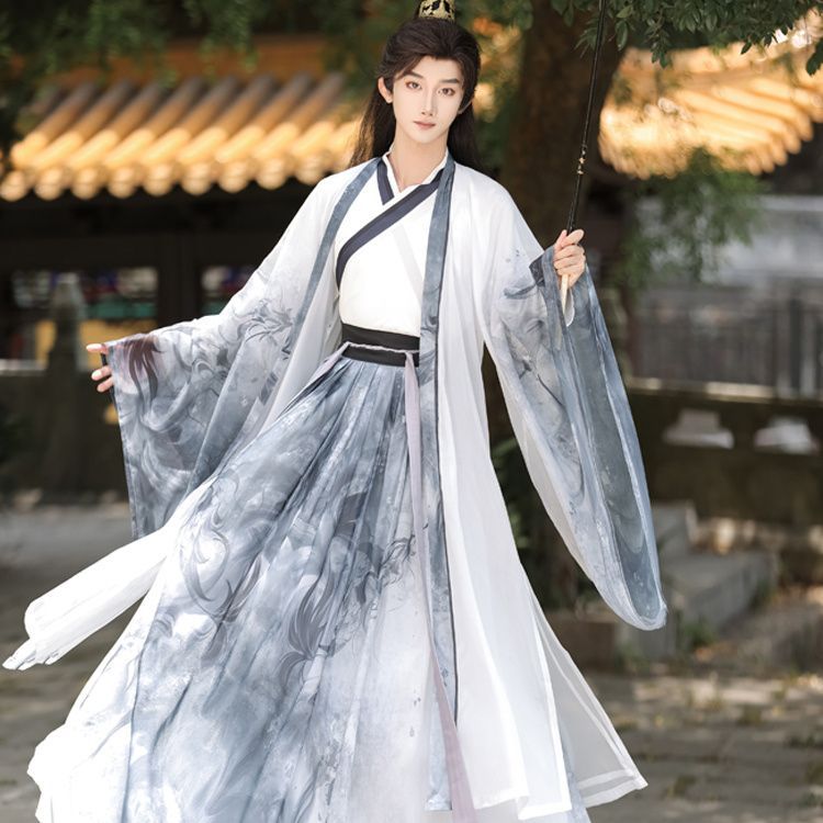 Oriental Ancient Drama Hanfu Costume Mens White Ink Print Daily Wear