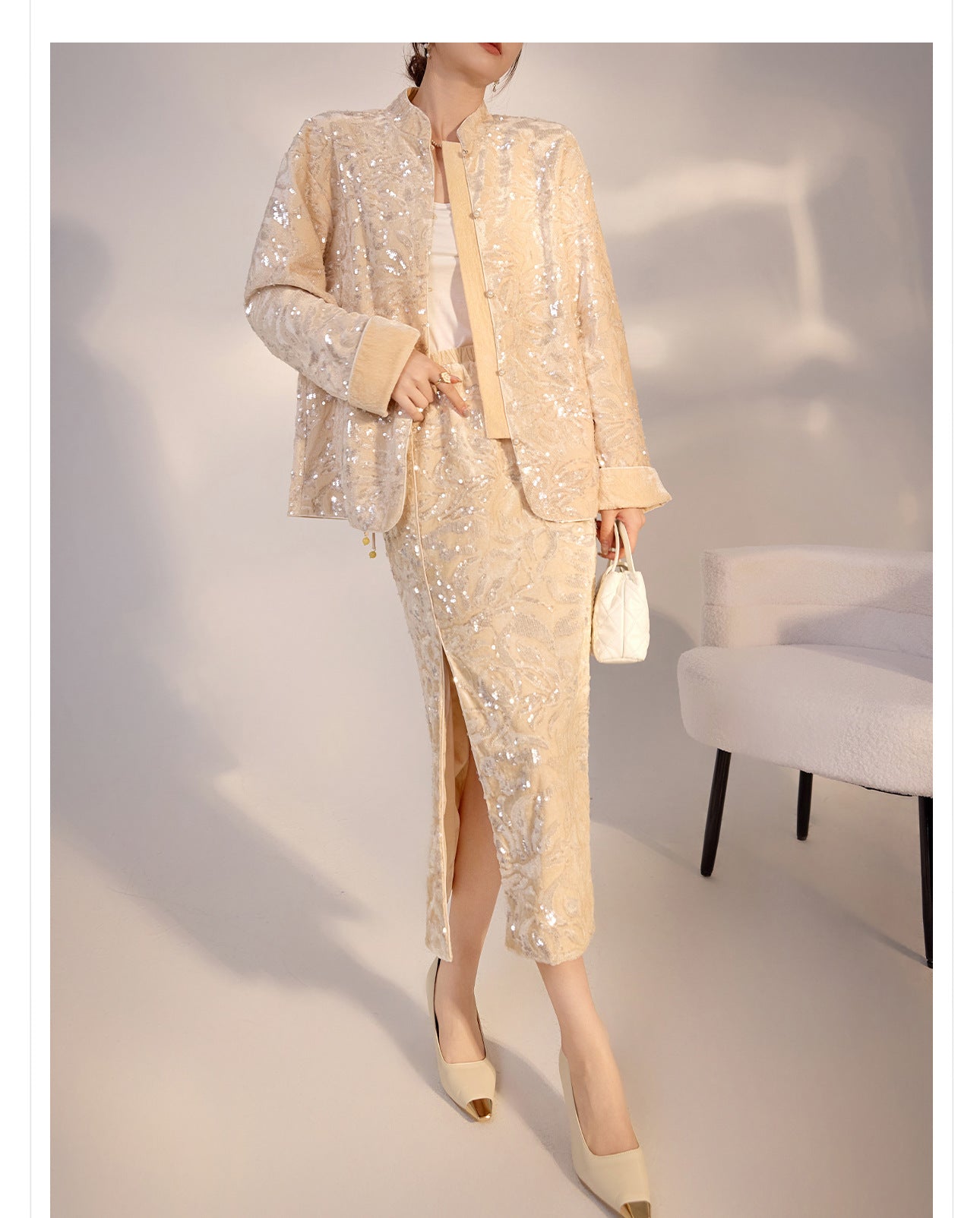 New Chinese Satin Floral Sequin Button Light Luxury Loose Coat