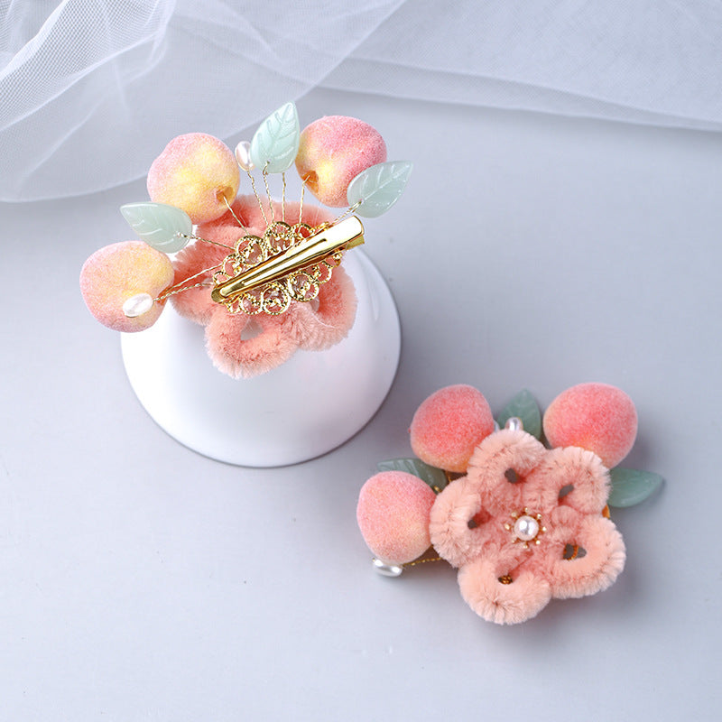 Peach Hanfu Hair Clips Velvet Flower Kids Costume Cute Chinese Style Accessories