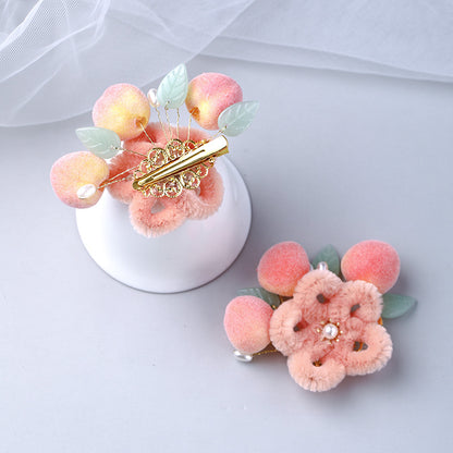 Peach Hanfu Hair Clips Velvet Flower Kids Costume Cute Chinese Style Accessories