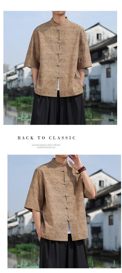 Chinese Style Mens Metal Button Jacquard Tang Shirt Summer Hanfu Top