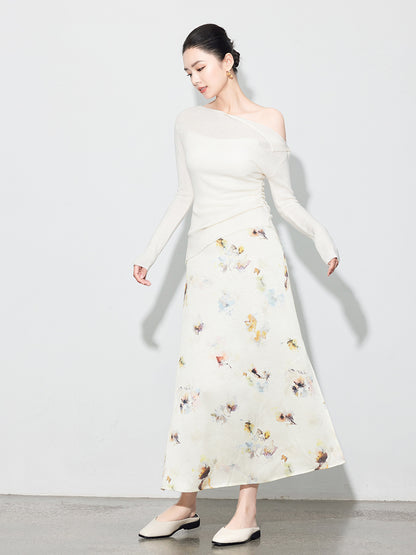 Chic Printed Midi Skirt, Side Slit Design for Women