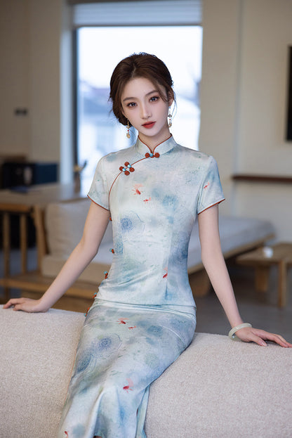 Elegant Blue Cheongsam – Daily Wear 2025 Spring Dress