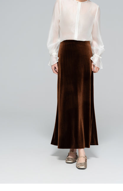 Slimming High-Waist Silk Velvet Midi Skirt for Women