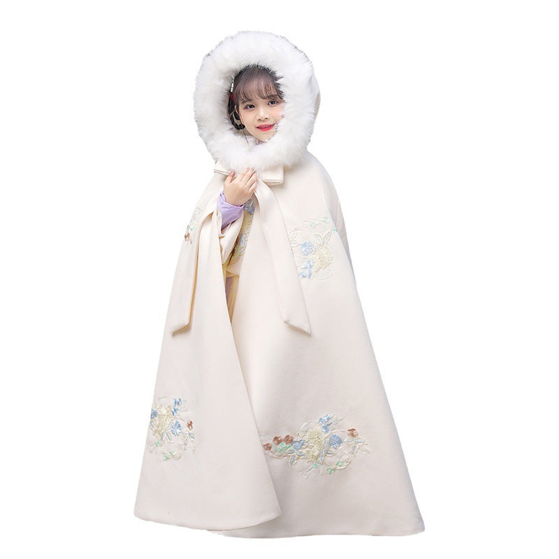 Girls' Winter Hanfu Cloak with Fur Collar Hooded Fairy Cape