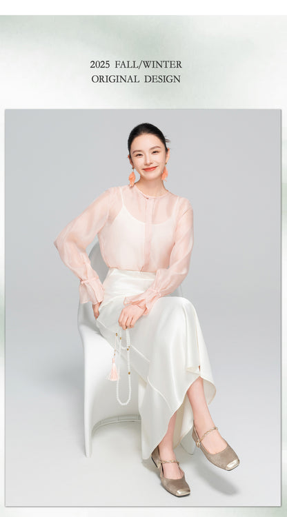 High-End Flared Sleeve Round Neck Women's Shirt