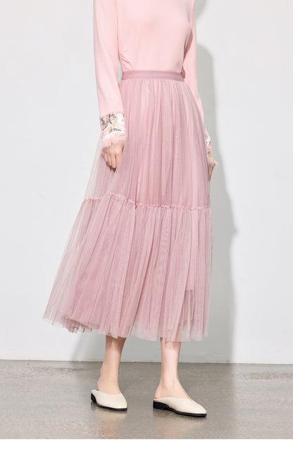 Luxury Pleated Mesh Skirt — Fairy-Inspired Layered Hem Midi