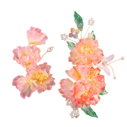 Fairy Pink Silk Flower Hairpin Ancient Style Hanfu Cheongsam Side Clip