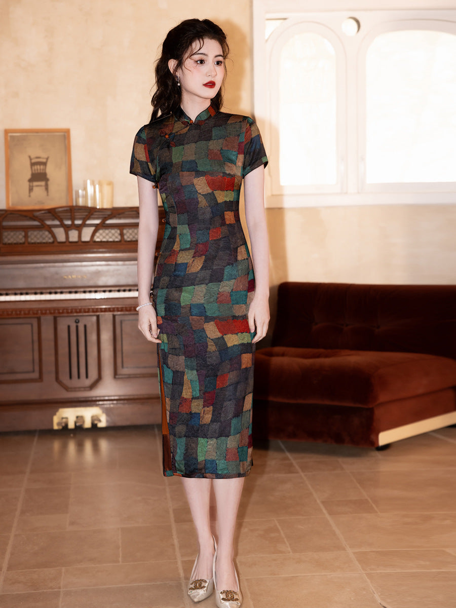 High-End Summer Cheongsam – Plaid Short Sleeve Elegant Dress