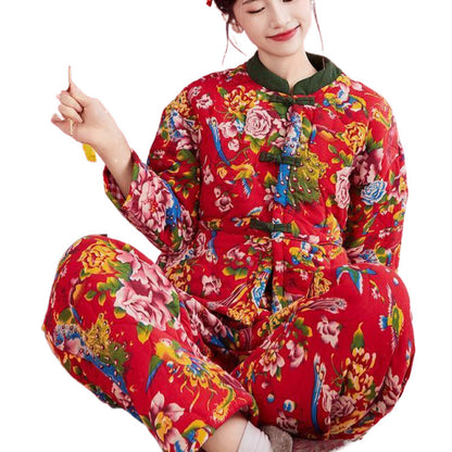 Northeast Floral Winter Jacket Women Thick Ethnic Cotton Coat Set