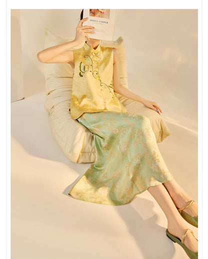 High-End Embroidery Stand Collar Vest & Jacquard Mermaid Skirt