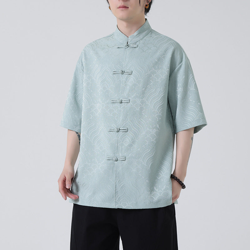 New Chinese Style Tang Shirt — Men’s Short-Sleeve Retro Button-Up Top