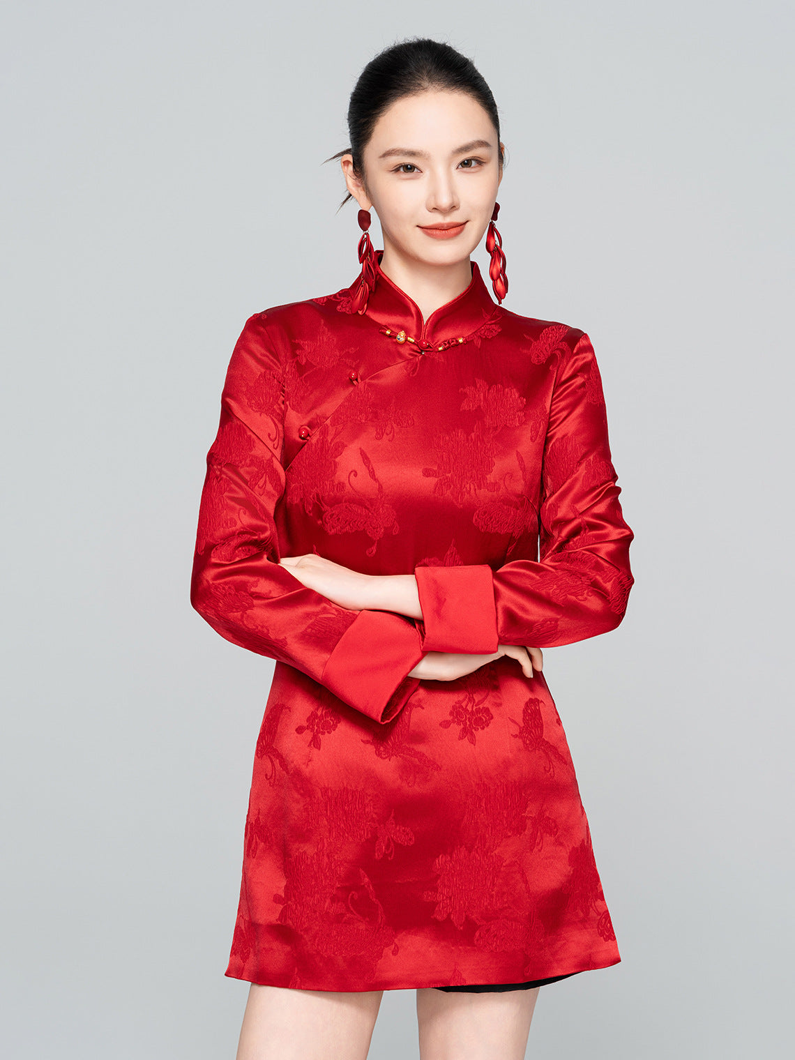 Improved Red Chinese Style Stand Collar Elegant Dress