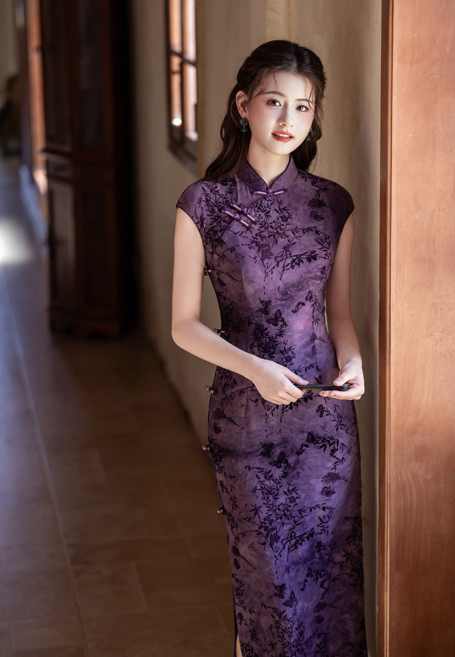Autumn Elegant Cheongsam – Purple Retro Crescent Sleeve Dress