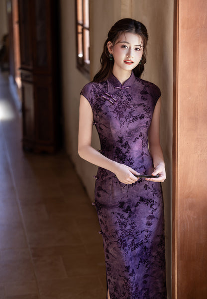 Autumn Elegant Cheongsam – Purple Retro Crescent Sleeve Dress