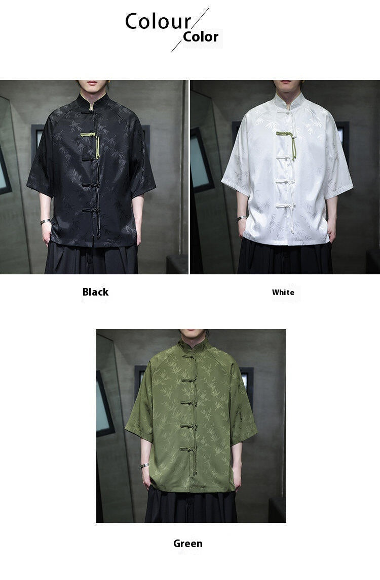 Summer Chinese Style Ice Silk Jacquard Tang Shirt Mens Stand Collar Top