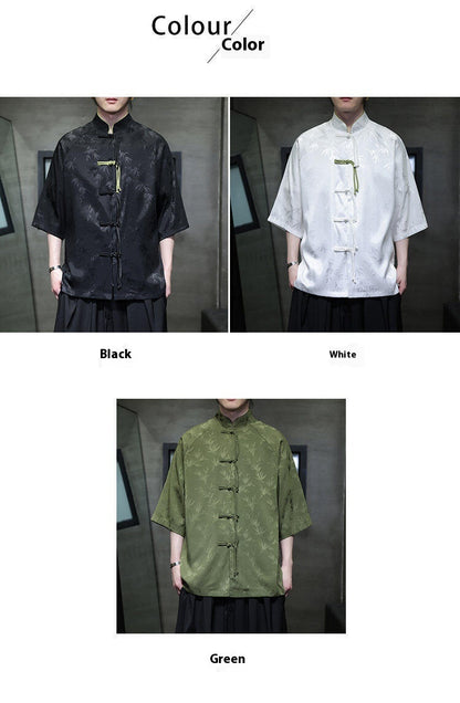Summer Chinese Style Ice Silk Jacquard Tang Shirt Mens Stand Collar Top