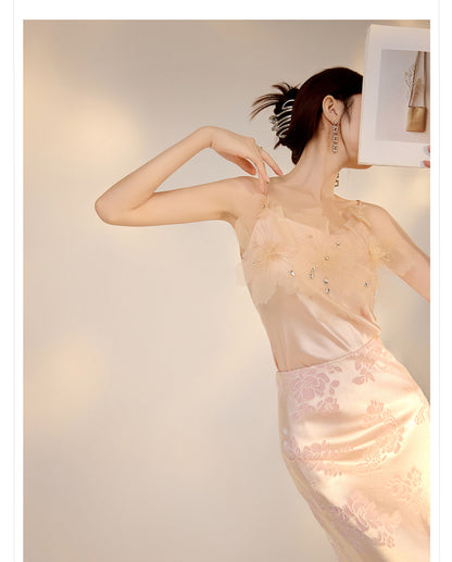 New Chinese Style Beaded Floral Acetate Top | Elegant Short Camisole