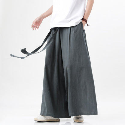 Mens Chinese Style Hanfu Linen Nine Point Retro Wide Leg Pants