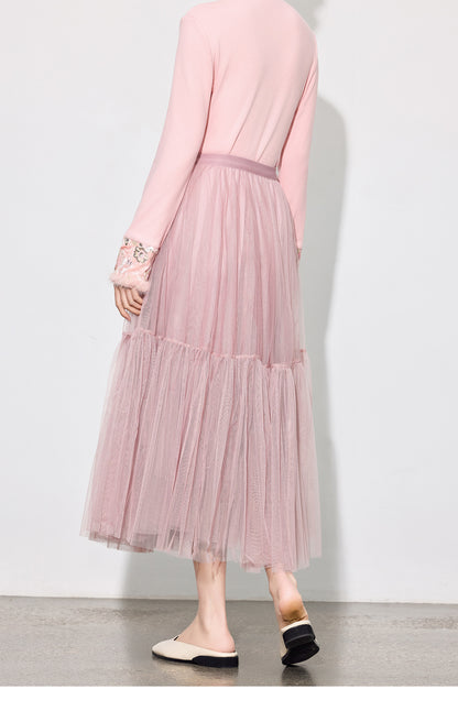 Luxury Pleated Mesh Skirt — Fairy-Inspired Layered Hem Midi