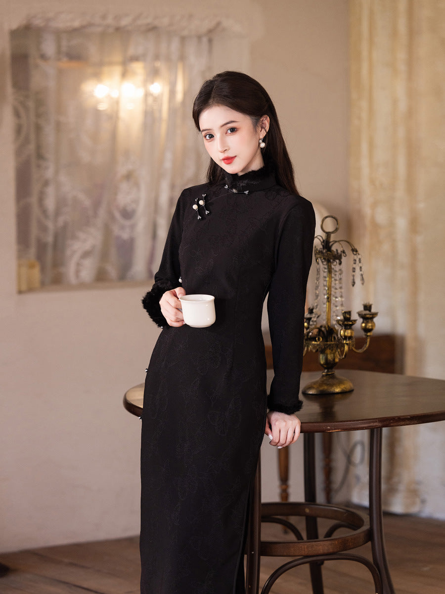 2025 New Black Thickened Cheongsam | Elegant Daily Warm Winter Dress