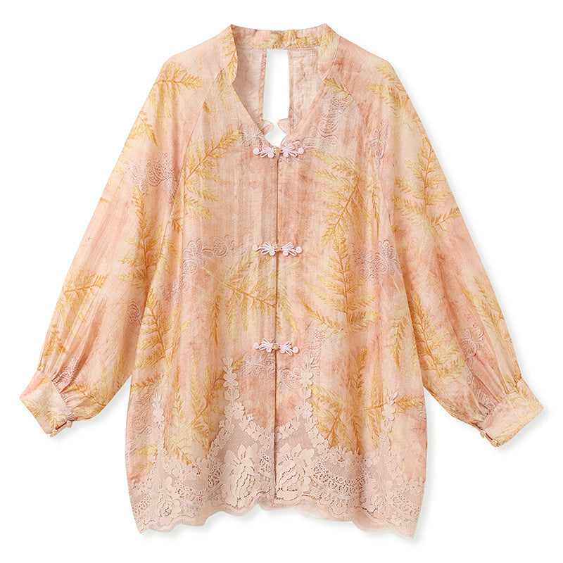 Autumn Chinese Style Lace Patchwork Shirt | Slim Embroidered V-Collar Top