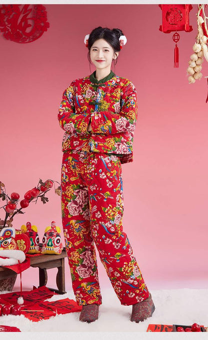 Northeast Floral Winter Jacket Women Thick Ethnic Cotton Coat Set
