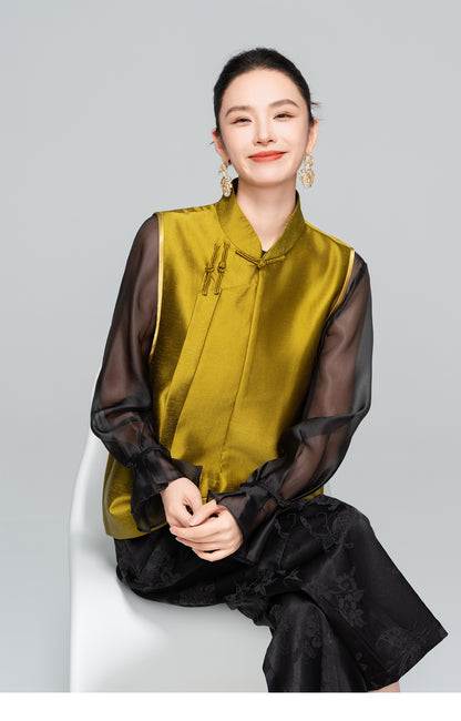 Elegant Stand Collar Button Sleeveless Layered Vest