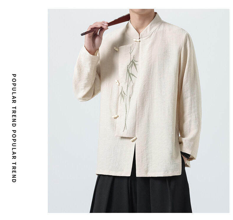 Chinese Style Mens Slanted Collar Hanfu Shirt Long Sleeve Tea Dress