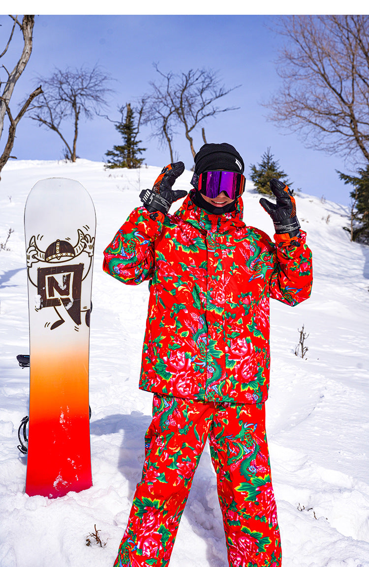 Men's Winter Ski Jacket Printed Floral Plus Size Warm Cotton Suit