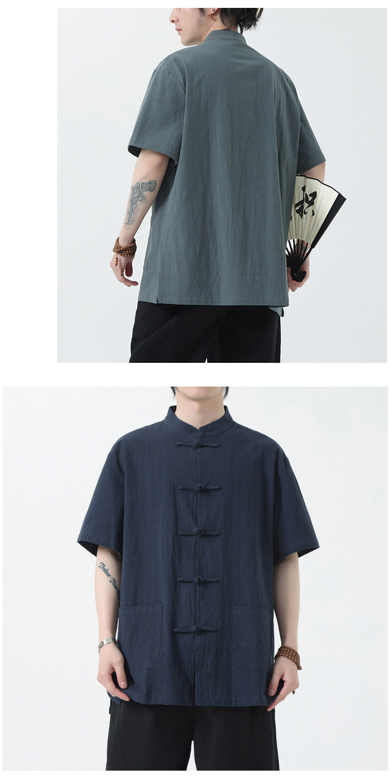 Chinese Style Mens Cotton Linen Shirt Half Sleeve Button Up Casual Top