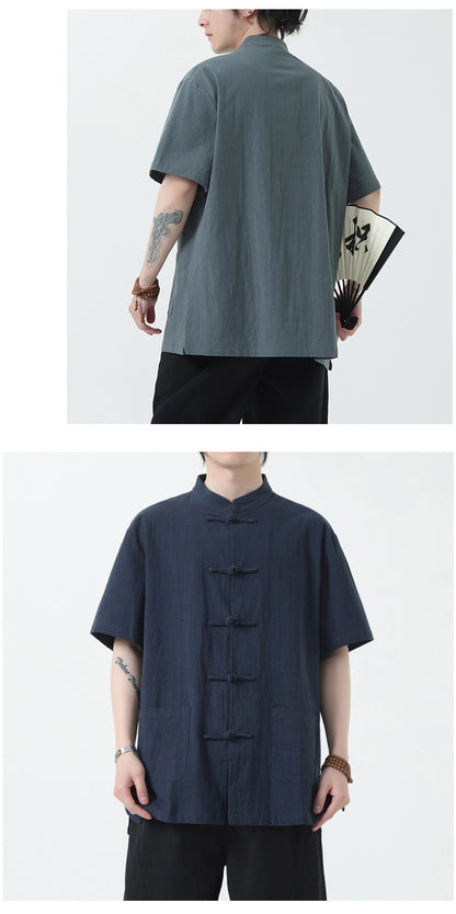 Chinese Style Mens Cotton Linen Shirt Half Sleeve Button Up Casual Top
