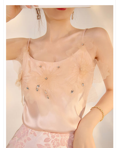 New Chinese Style Beaded Floral Acetate Top | Elegant Short Camisole