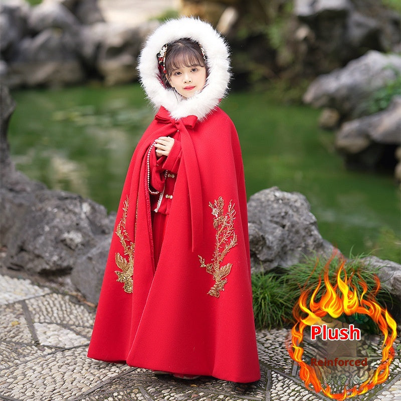 Girls' Winter Hanfu Cloak with Fur Collar Hooded Fairy Cape