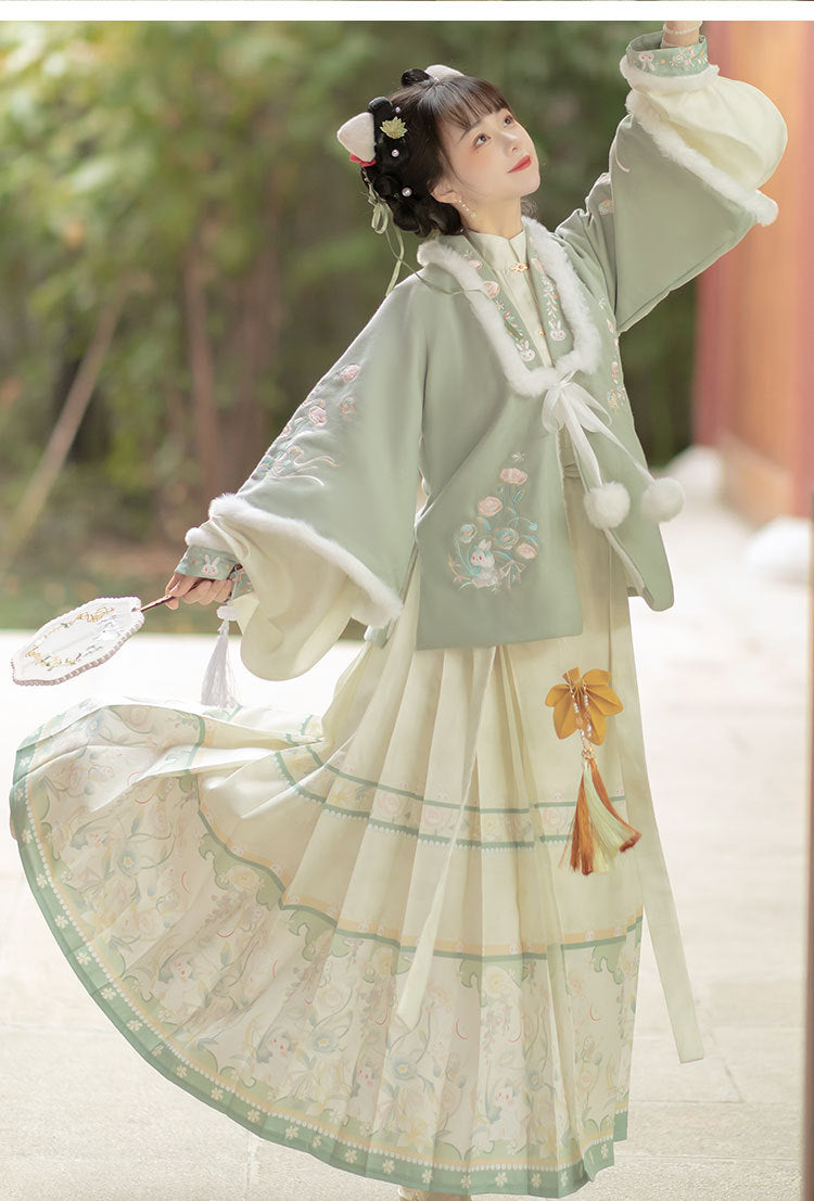Trees of Sea Women Ming Hanfu Set: Embroidered Stand Collar Jacket & Horse Face Skirt New Year