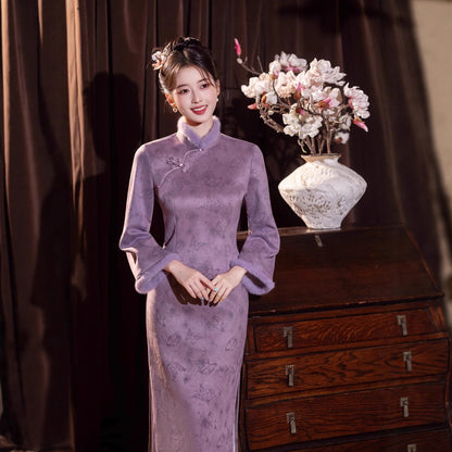 2025 New Chinese Cheongsam – Youthful Elegant Purple Winter Dress