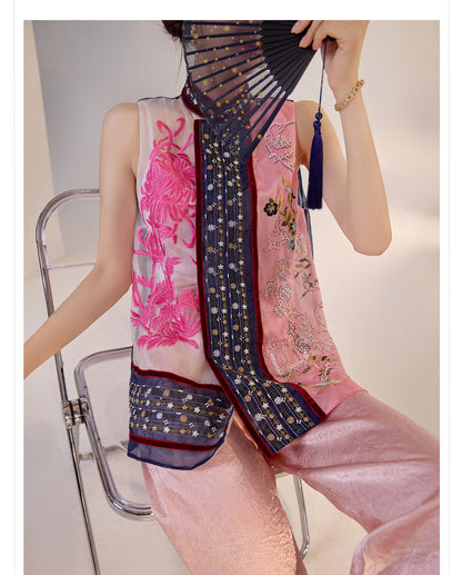 2026 New Chinese Embroidered Colorblock Mulberry Silk Vest Top