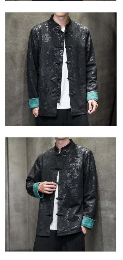 Chinese Style Mens Retro Tang Suit Button Printed Velvet Coat