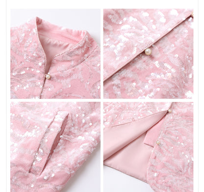 New Chinese Satin Floral Sequin Button Light Luxury Loose Coat