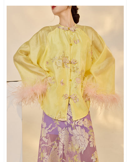 New Chinese Embroidered Feather Sleeve Patchwork Top & Skirt Set