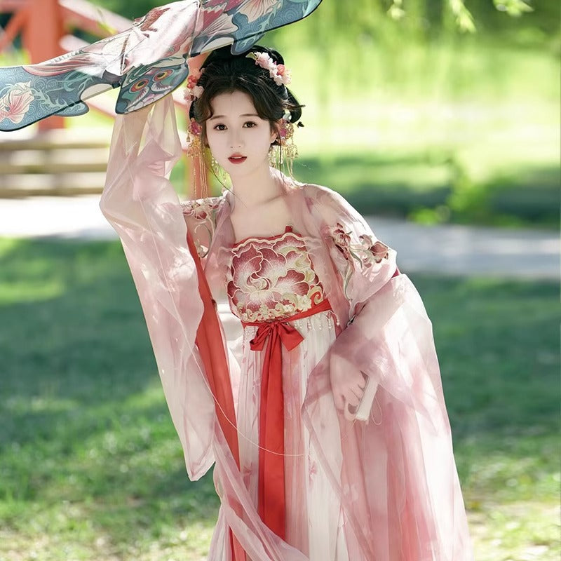 Fairy Hanfu Costume — Hibiscus Embroidered Shirt & Flowing Skirt Outfit