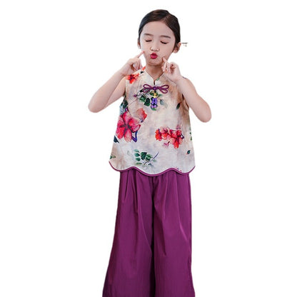 Retro Republic Style Girls Two-Piece — Improved Shirt & Pants Set