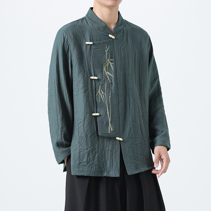 Chinese Style Mens Slanted Collar Hanfu Shirt Long Sleeve Tea Dress